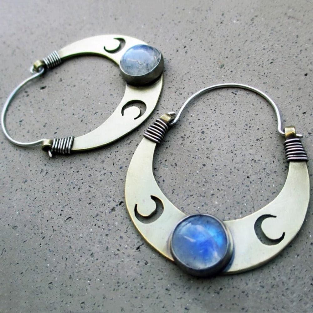 Free People Brass Crescent Hoop Earrings with Blue Moodstone